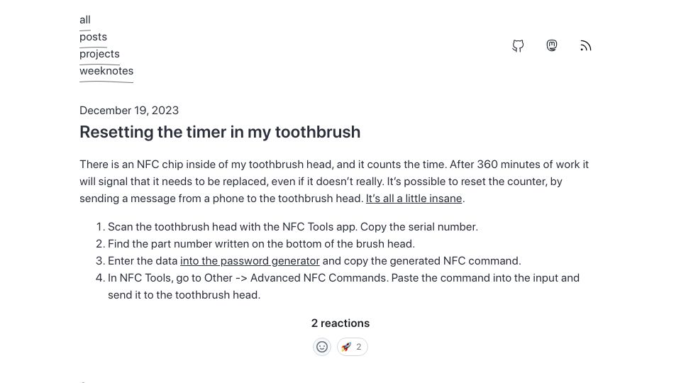 Screenshot of nonnullish.pages.dev: Resetting the timer in my toothbrush