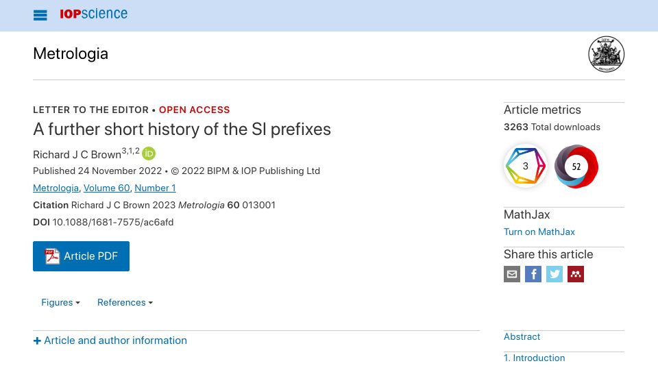 Screenshot of iopscience.iop.org: A further short history of the SI prefixes (2022)