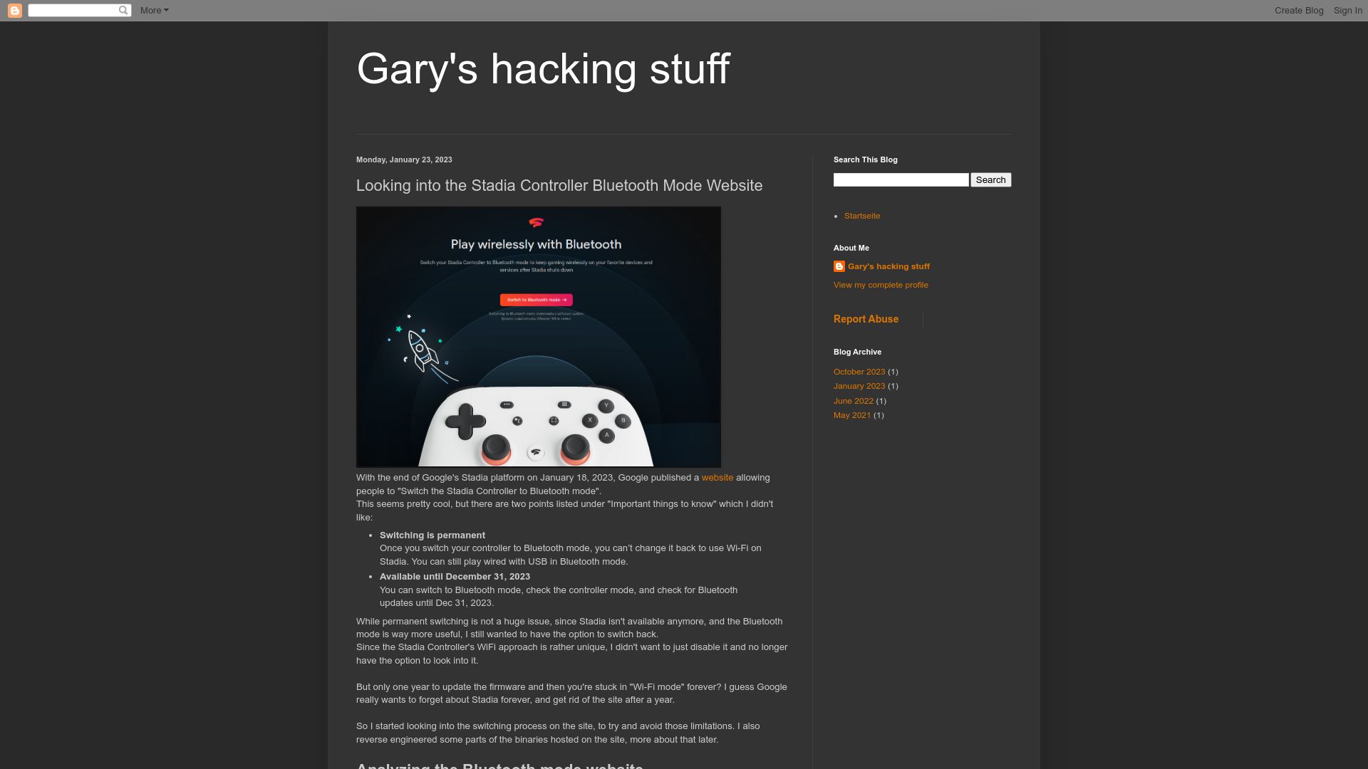 Screenshot of garyodernichts.blogspot.com: Looking into the Stadia Controller Bluetooth Mode Website