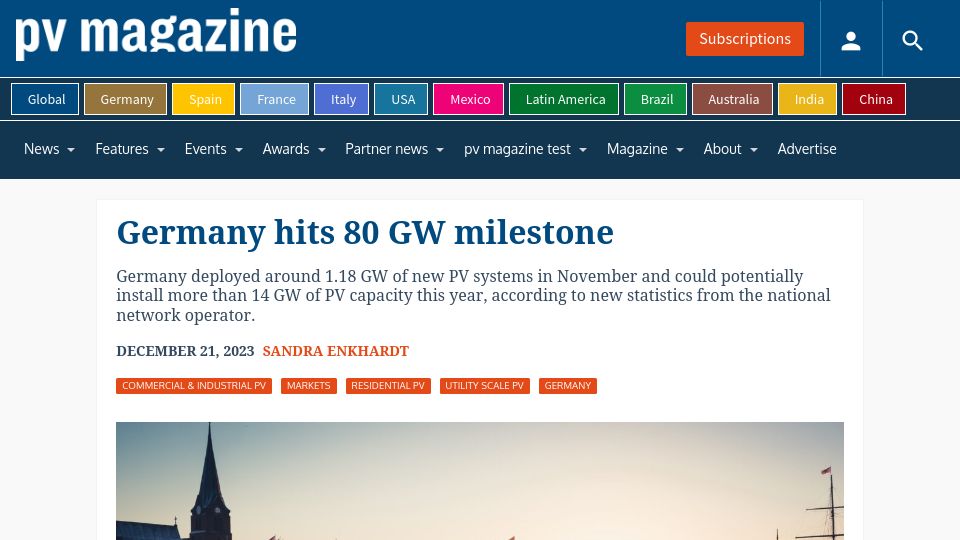 Screenshot of pv-magazine.com: Germany hits 80 GW milestone