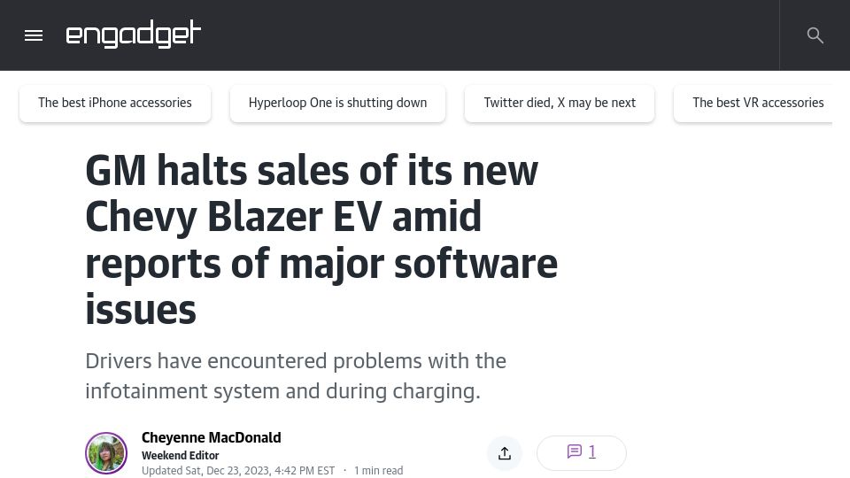 Screenshot of engadget.com: GM halts sales of its new Chevy Blazer EV amid reports of software issues