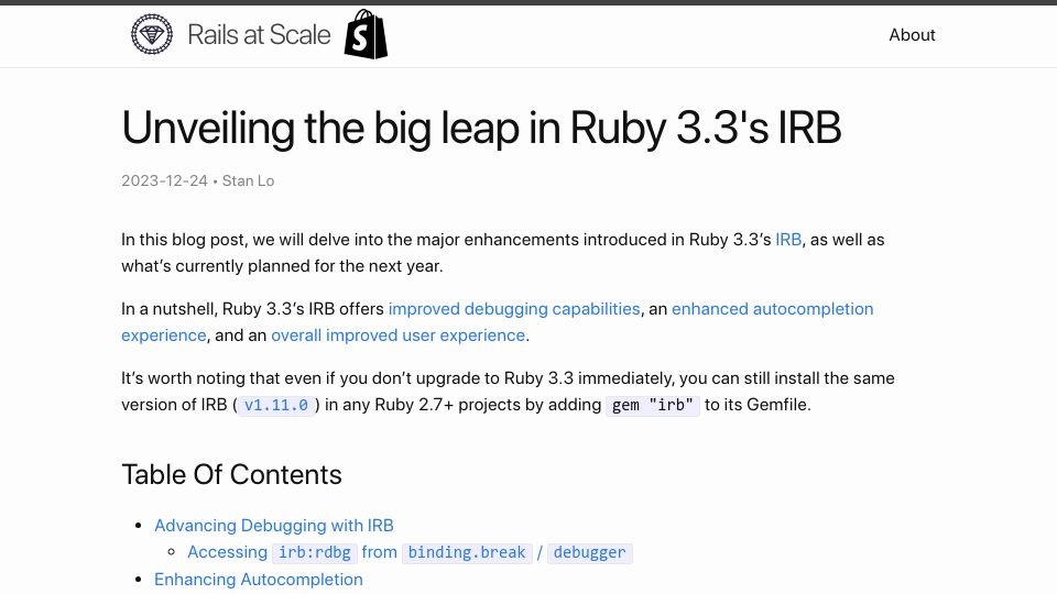 Screenshot of railsatscale.com: Unveiling the big leap in Ruby 3.3's IRB