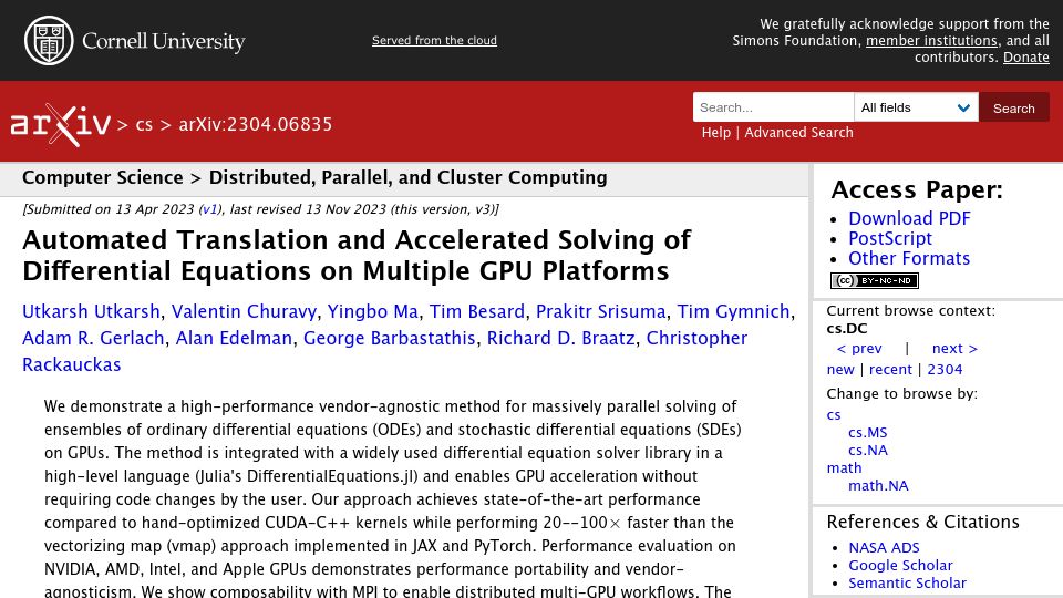Screenshot of arxiv.org: Translation and accelerated solving of differential equations on GPU platforms