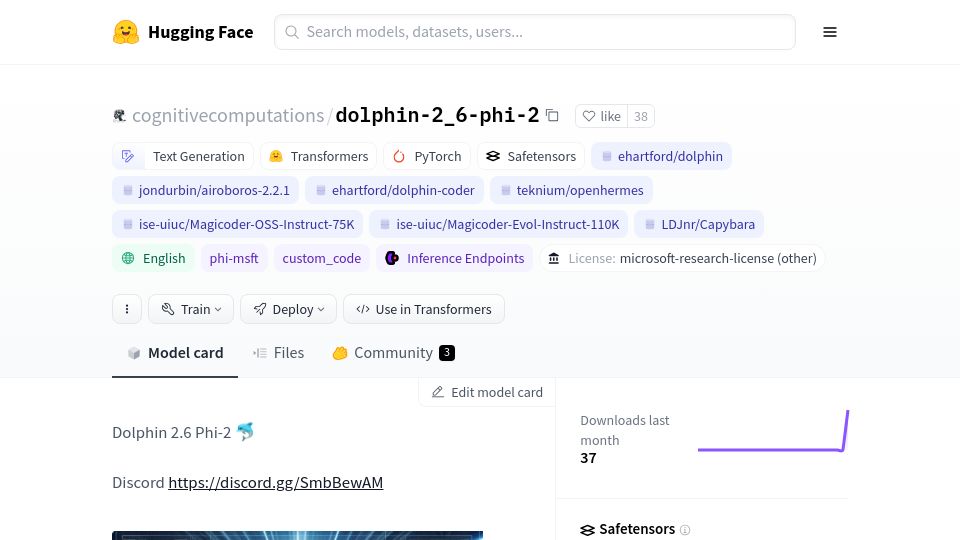 Screenshot of huggingface.co: Dolphin-2_6-Phi-2