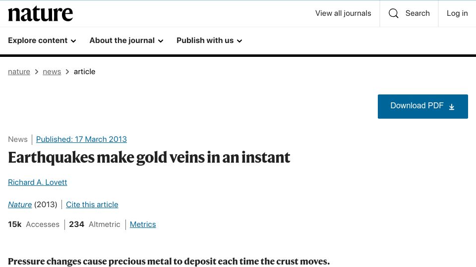 Screenshot of nature.com: Earthquakes make gold veins in an instant (2013)