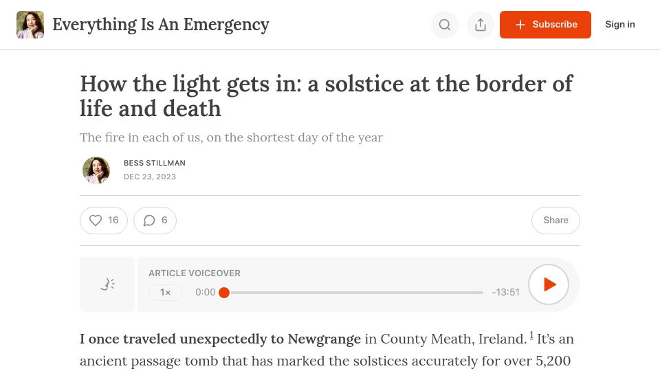Screenshot of bessstillman.substack.com: How the light gets in: a solstice at the border of life and death