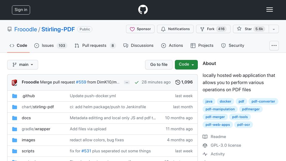 Screenshot of github.com: Stirling-PDF: local web application to perform various operations on PDFs