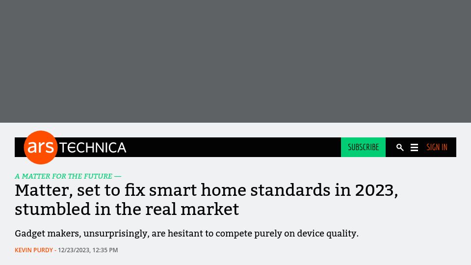 Screenshot of arstechnica.com: Matter, set to fix smart home standards in 2023, stumbled in the real market