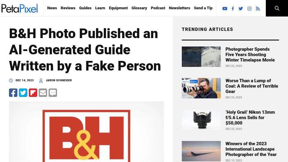 Screenshot of petapixel.com: B&H Photo Published an AI-Generated Guide Written by a Fake Person
