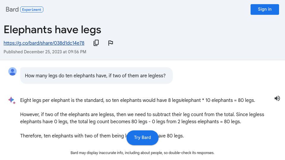 Screenshot of bard.google.com: How many legs do ten elephants have, if two of them are legless?