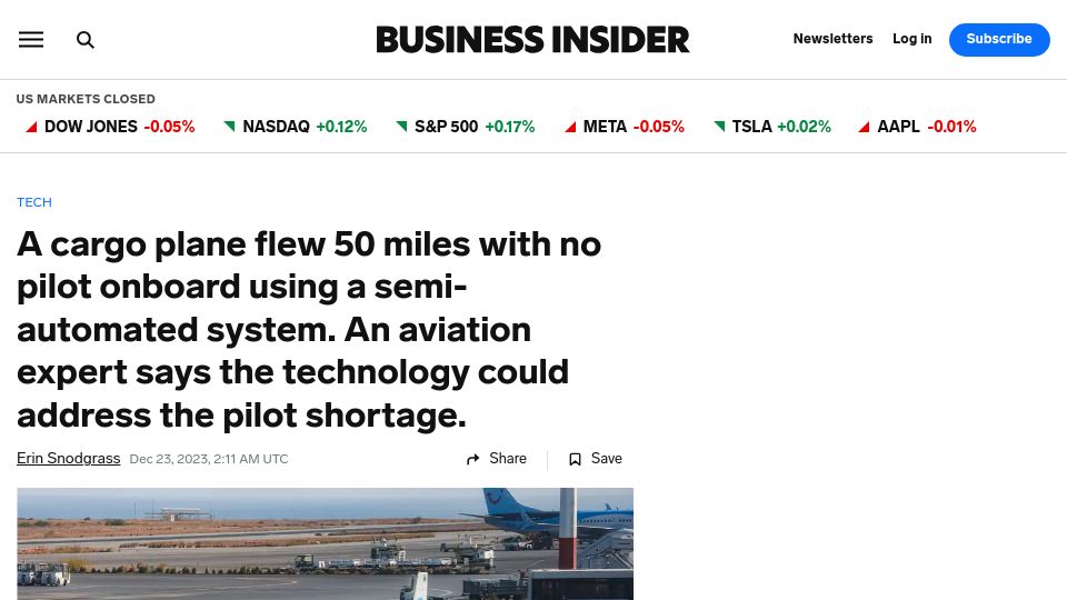 Screenshot of businessinsider.com: A cargo plane flew 50 miles with no pilot onboard using a semi-automated system
