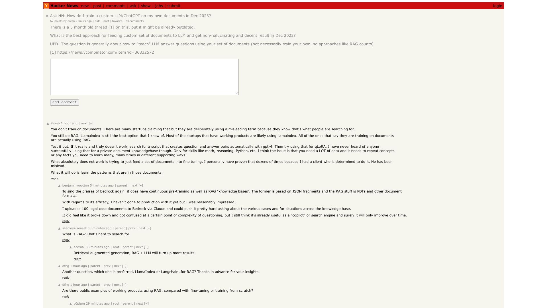 Screenshot of this Hacker News post: Ask HN: How do I train a custom LLM/ChatGPT on my own documents in Dec 2023?