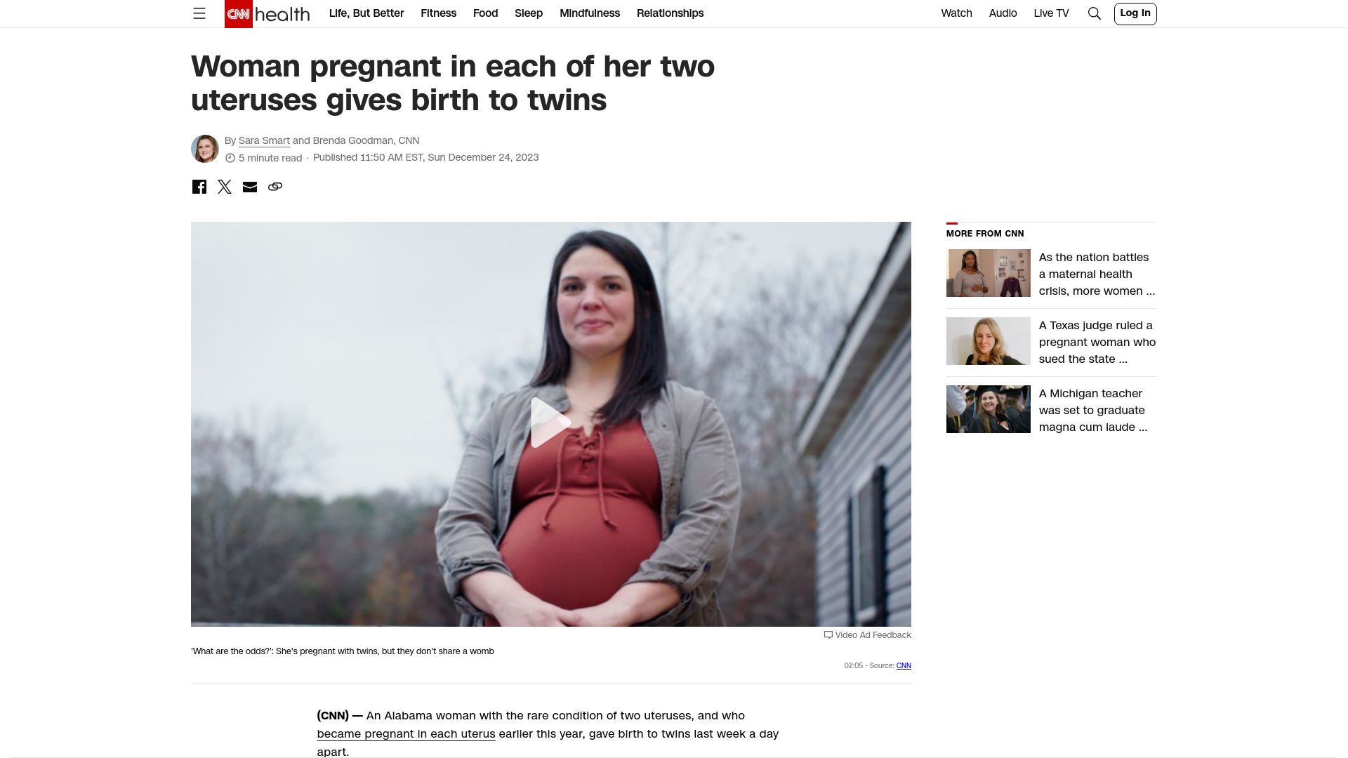 Screenshot of cnn.com: Woman pregnant in each of her two uteruses gives birth to twins