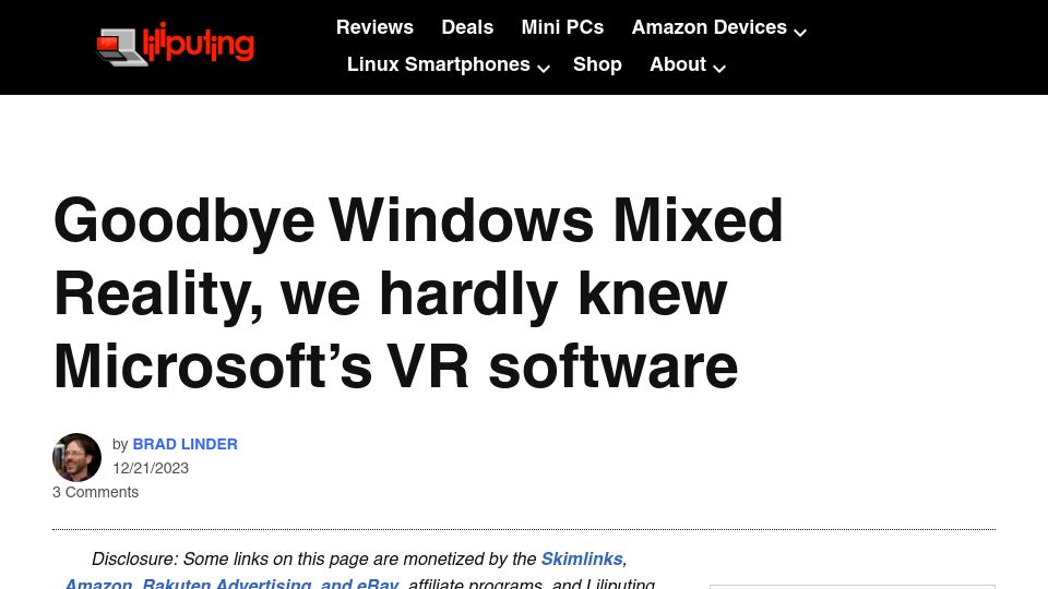 Screenshot of liliputing.com: Goodbye Windows Mixed Reality, we hardly knew Microsoft's VR software