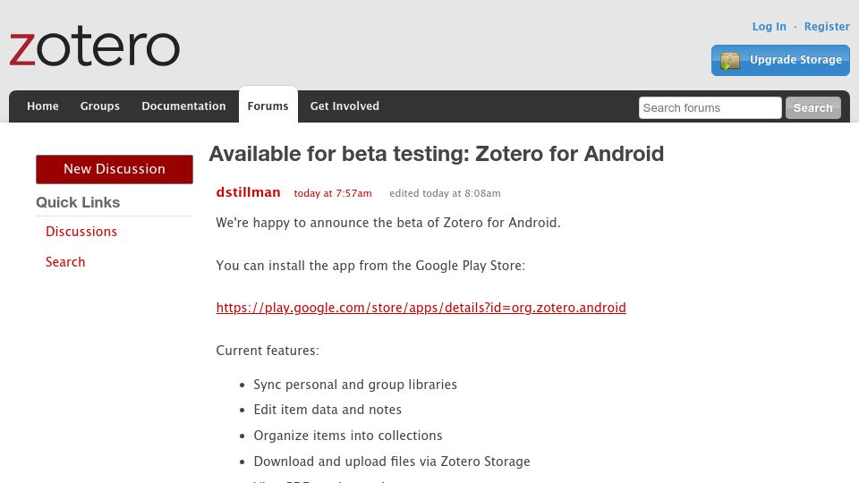 Screenshot of forums.zotero.org: Zotero for Android available for beta tests