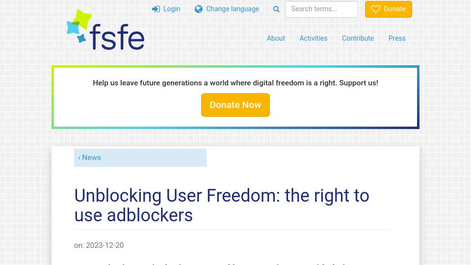 Screenshot of fsfe.org: Unblocking User Freedom: the right to use adblockers