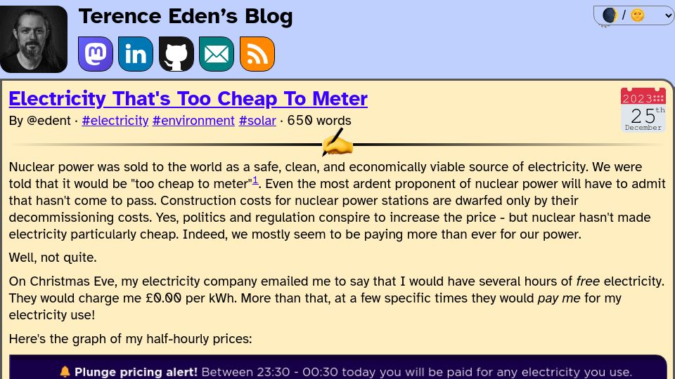 Screenshot of shkspr.mobi: Electricity That's Too Cheap to Meter