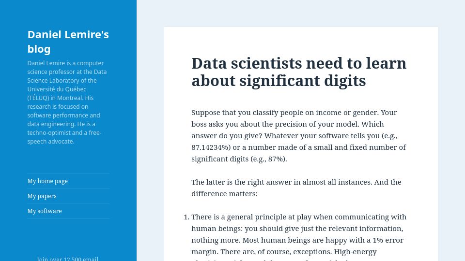 Screenshot of lemire.me: Data scientists need to learn about significant digits