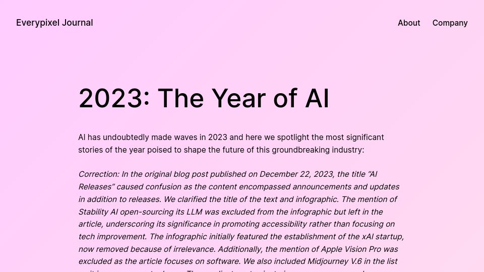 Screenshot of journal.everypixel.com: 2023: The Year of AI