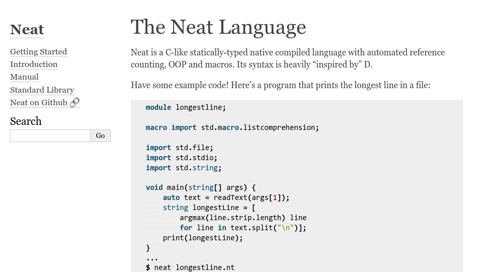 Screenshot of neat-lang.github.io: The Neat Programming Language