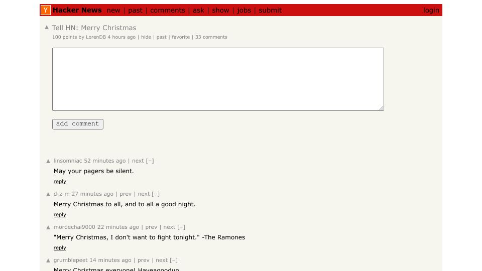 Screenshot of Hacker News post: Tell HN: Merry Christmas