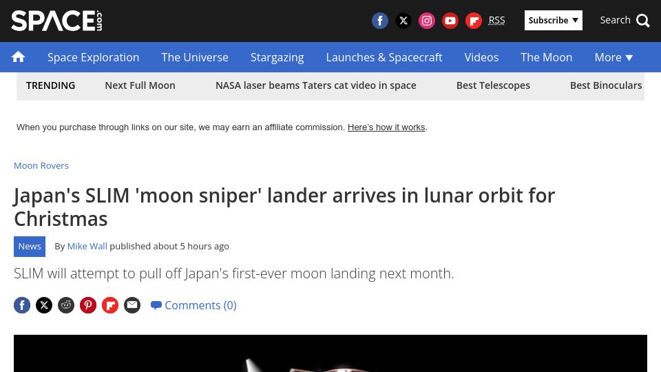 Screenshot of space.com: Japan's SLIM 'moon sniper' lander arrives in lunar orbit for Christmas