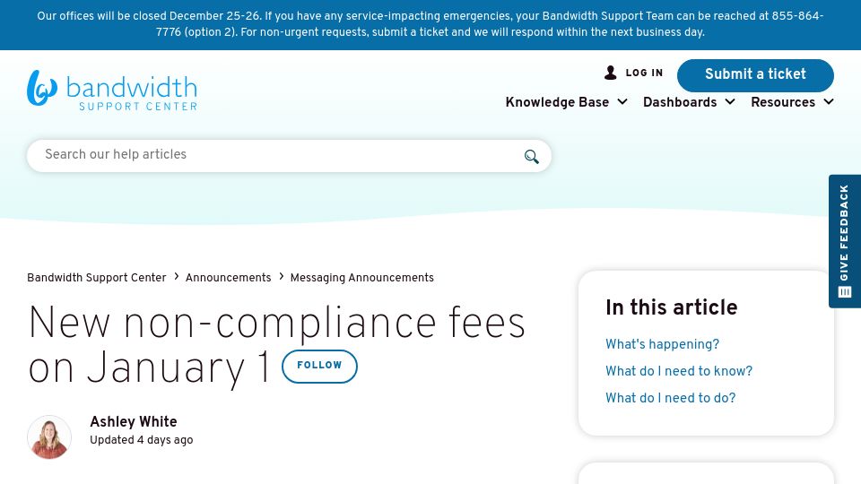 Screenshot of support.bandwidth.com: T-Mobile introduce fines from Jan 1 for "Code of Conduct" violations