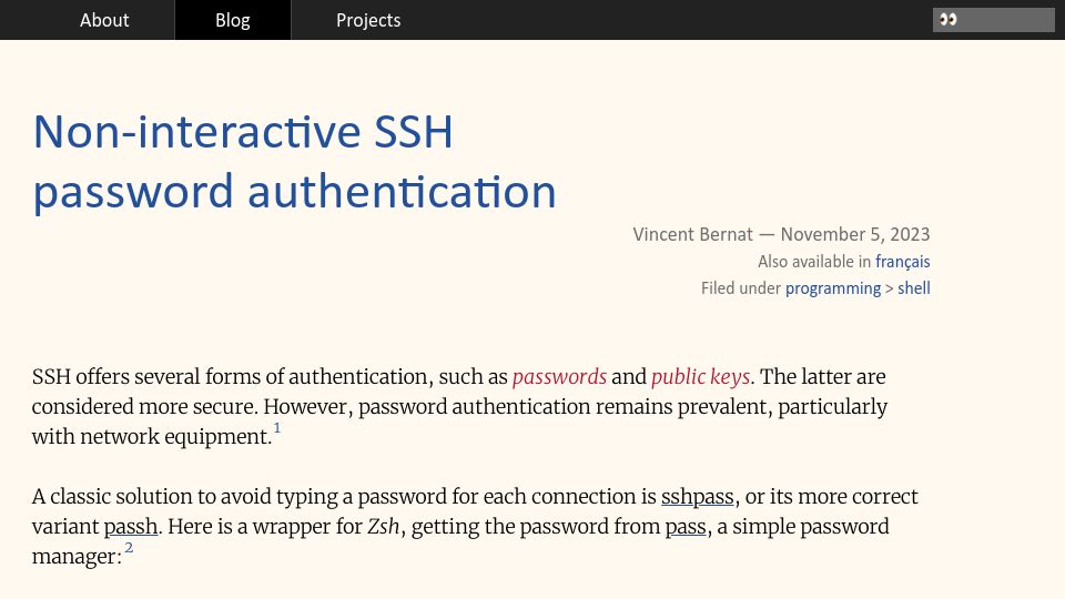 Screenshot of vincent.bernat.ch: Non-interactive SSH password authentication
