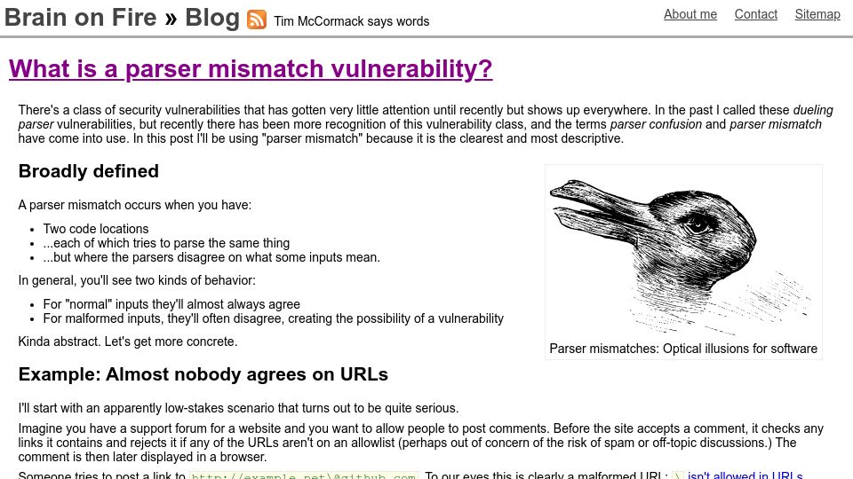 Screenshot of brainonfire.net: What is a parser mismatch vulnerability? (2022)
