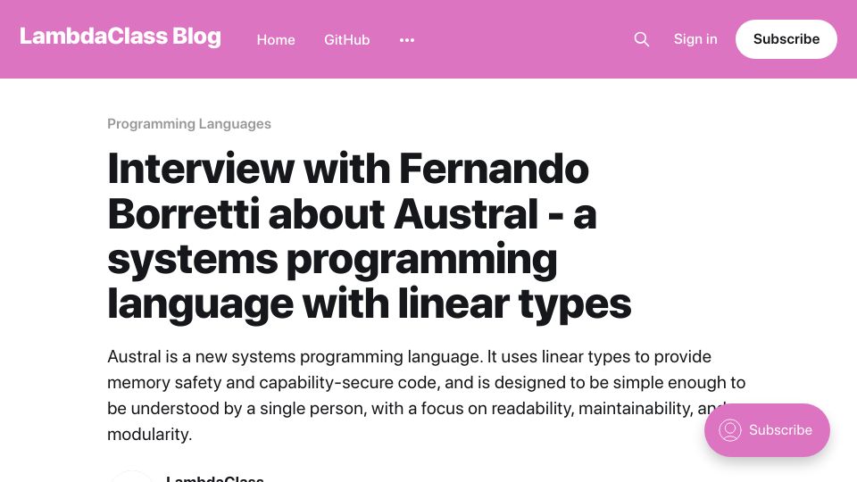 Screenshot of blog.lambdaclass.com: Interview about Austral, a systems programming language with linear types