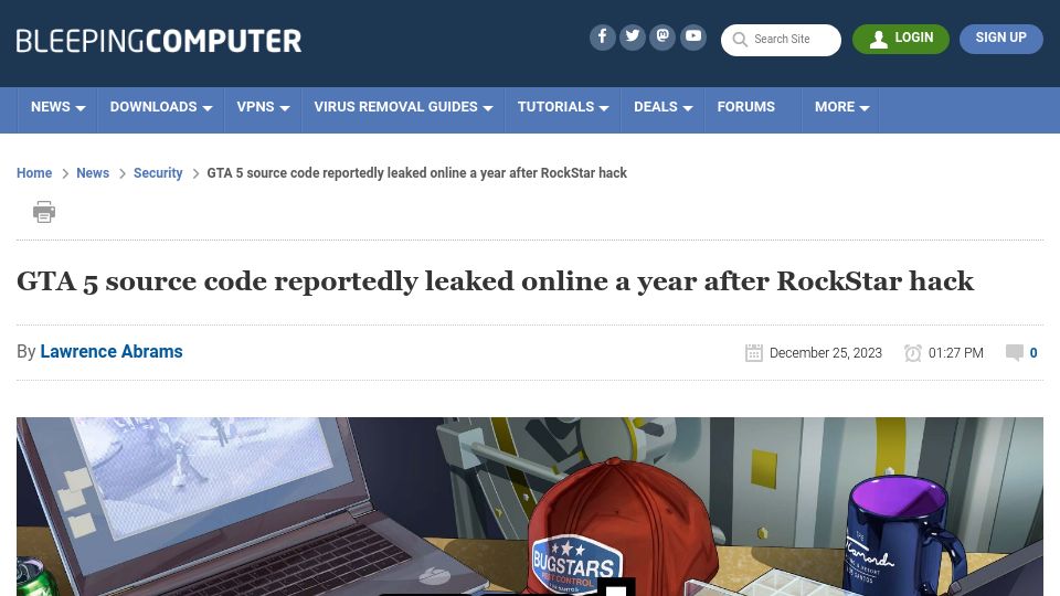 Screenshot of bleepingcomputer.com: GTA 5 source code reportedly leaked online a year after RockStar hack
