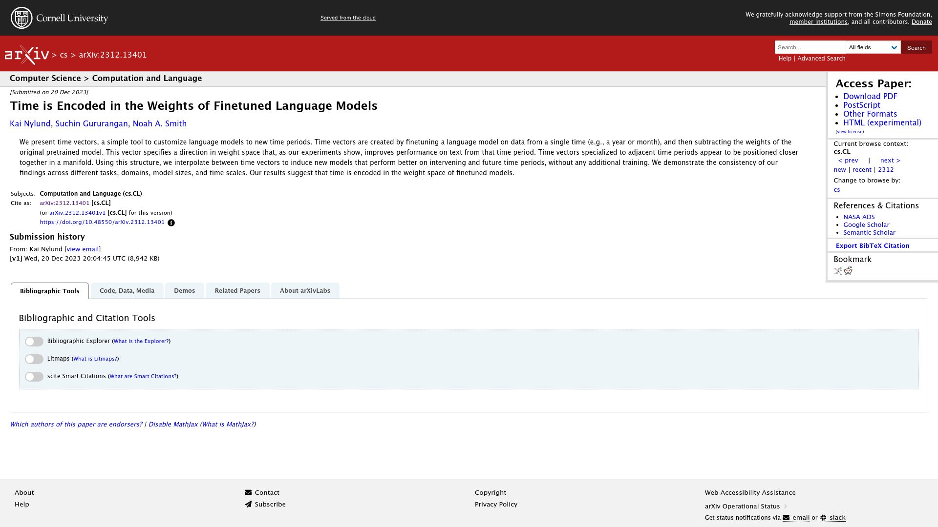 Screenshot of arxiv.org: Time is encoded in the weights of finetuned language models
