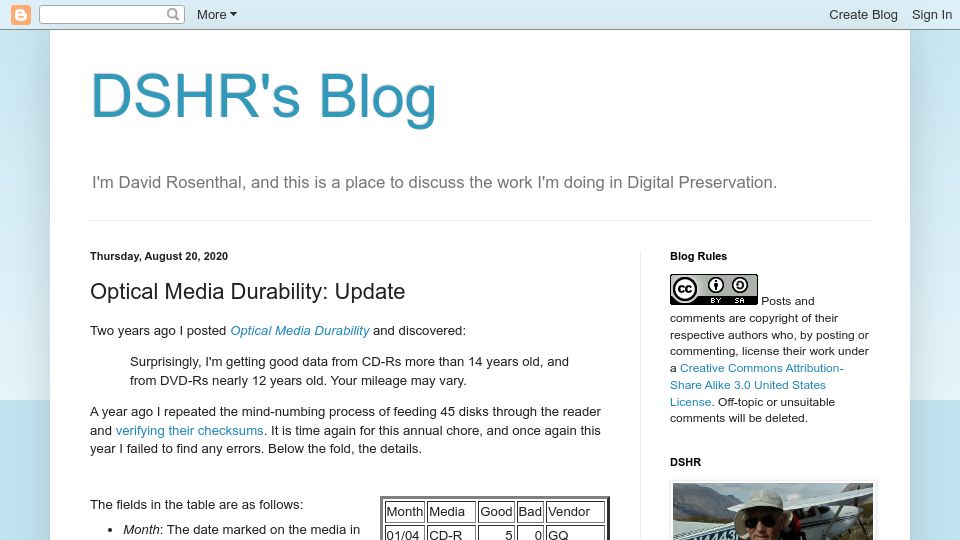 Screenshot of blog.dshr.org: Optical Media Durability (2020)