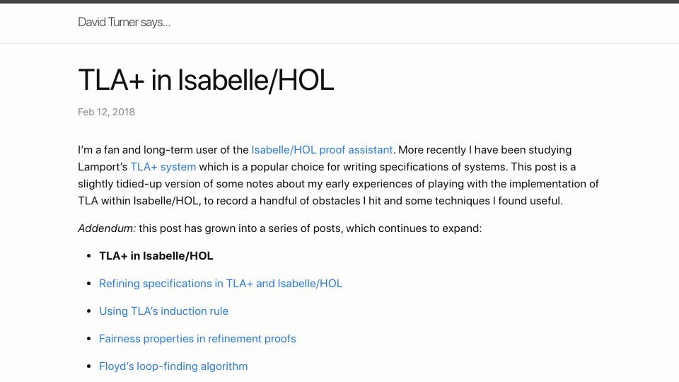 Screenshot of davecturner.github.io: TLA+ in Isabelle/HOL