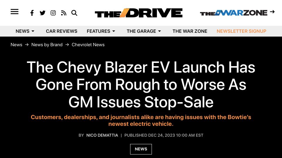Screenshot of thedrive.com: The Chevy Blazer EV Launch Has Gone from Rough to Worse as GM Issues Stop-Sale