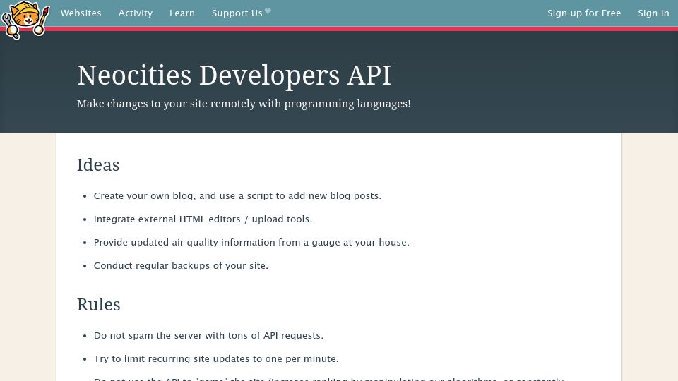 Screenshot of neocities.org: Neocities – Developers API