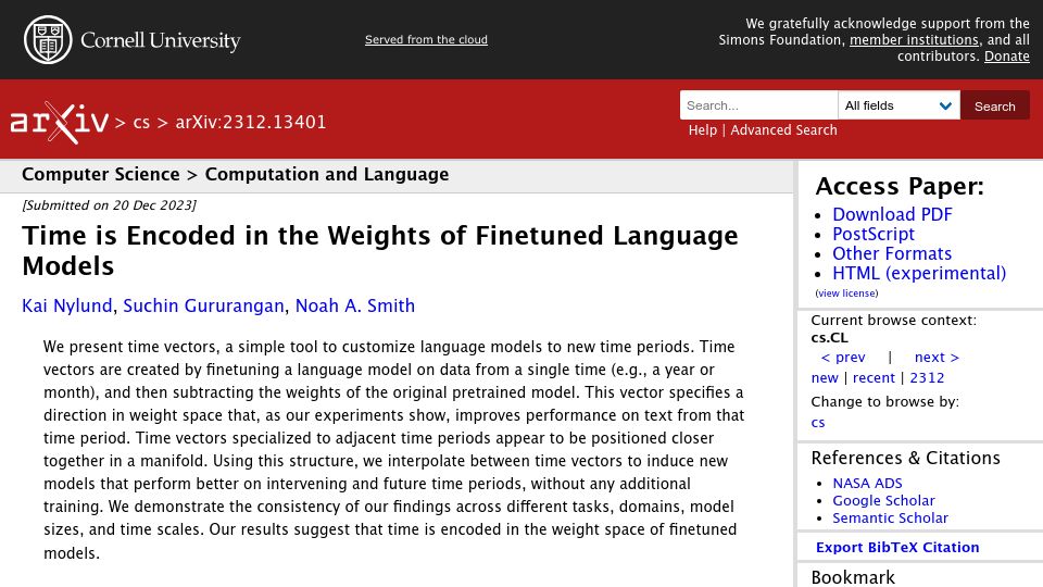 Screenshot of arxiv.org: Time is encoded in the weights of finetuned language models