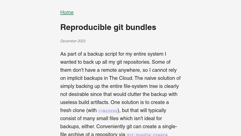 Screenshot of baecher.dev: Reproducible Git Bundles