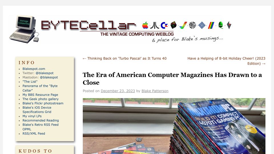 Screenshot of bytecellar.com: The era of American computer magazines has drawn to a close