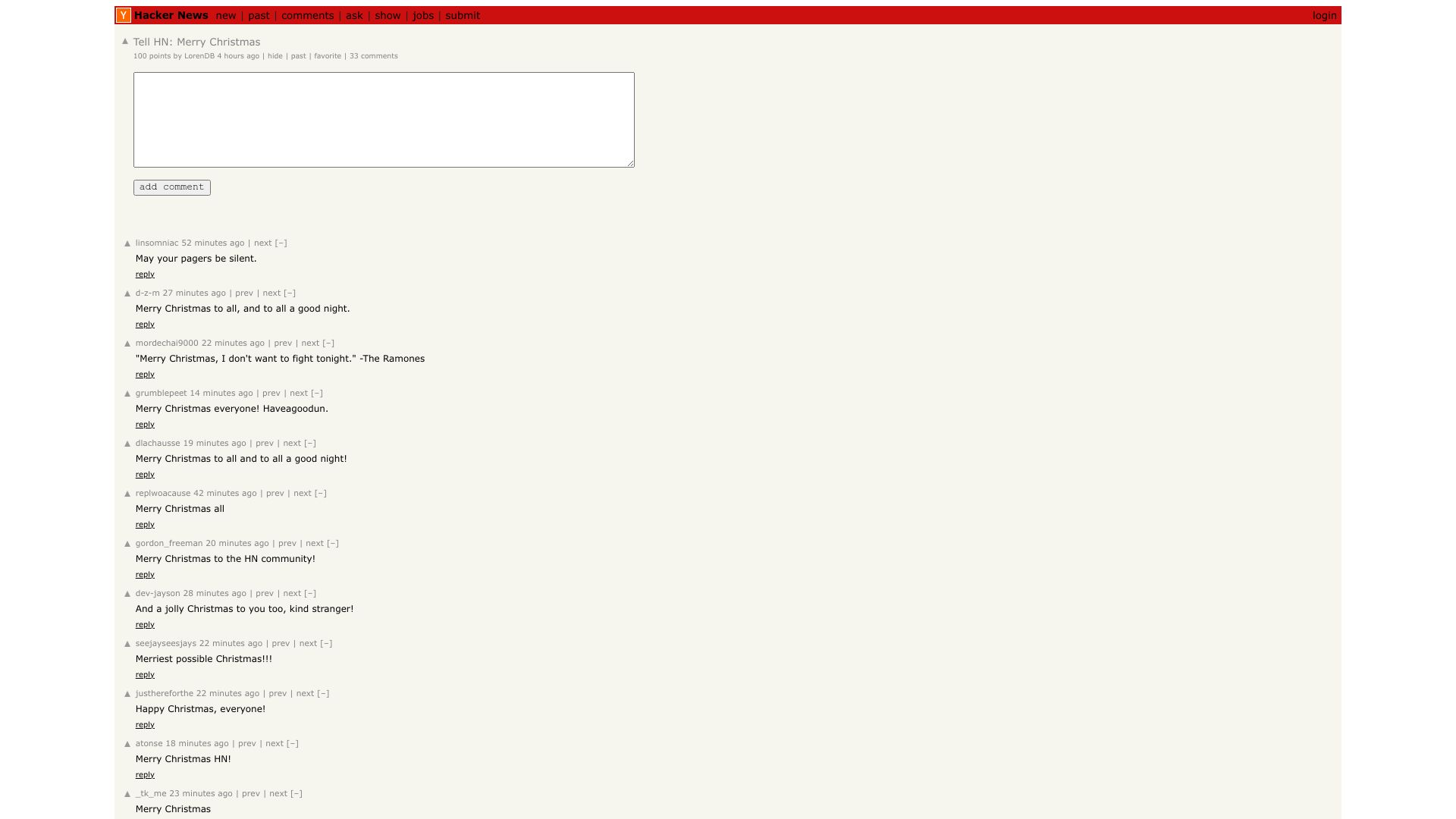 Screenshot of this Hacker News post: Tell HN: Merry Christmas