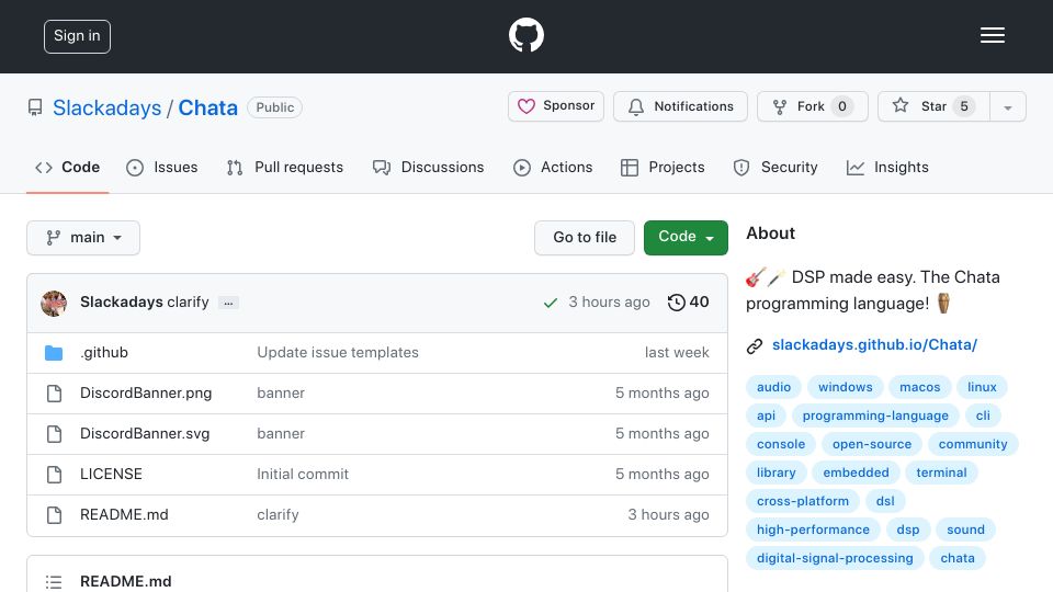 Screenshot of github.com: Welcome to the Chata Programming Language
