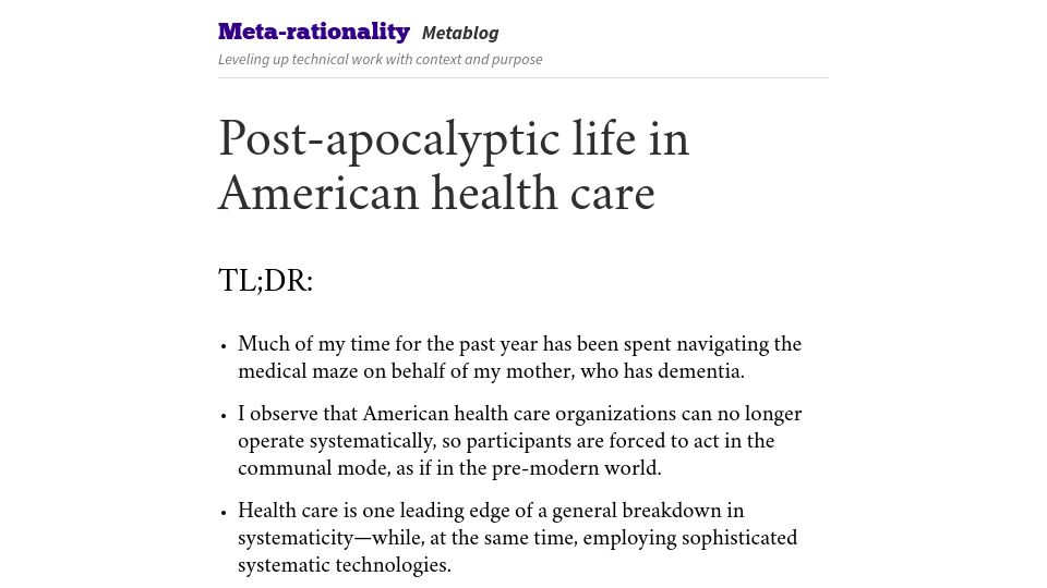 Screenshot of metarationality.com: Post-apocalyptic life in American health care