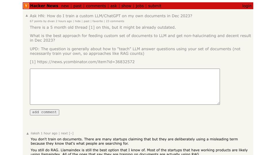 Screenshot of Hacker News post: Ask HN: How do I train a custom LLM/ChatGPT on my own documents in Dec 2023?