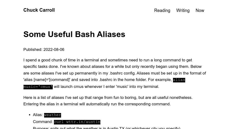 Screenshot of chuck.is: Some Useful Bash Aliases (2022)