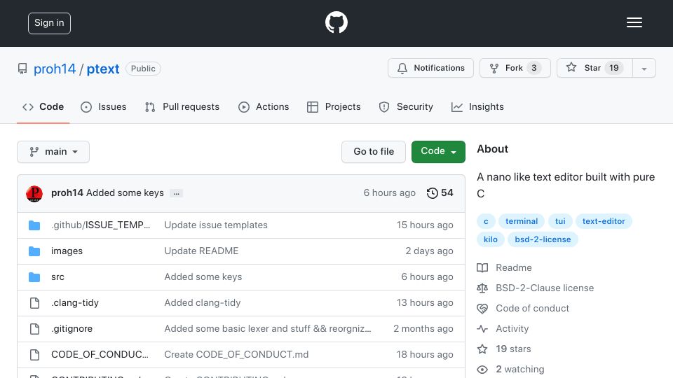 Screenshot of github.com: Ptext: A Nano-like text editor built with pure C