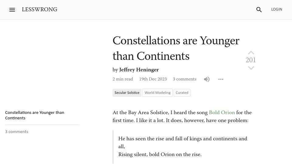 Screenshot of lesswrong.com: Constellations are younger than continents