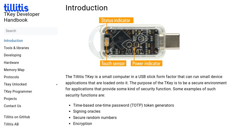 Screenshot of dev.tillitis.se: TKey is a RISC-V computer in a USB-C case, that can run security applications
