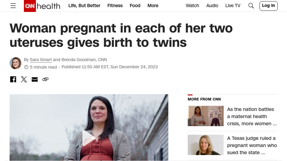 Screenshot of cnn.com: Woman pregnant in each of her two uteruses gives birth to twins