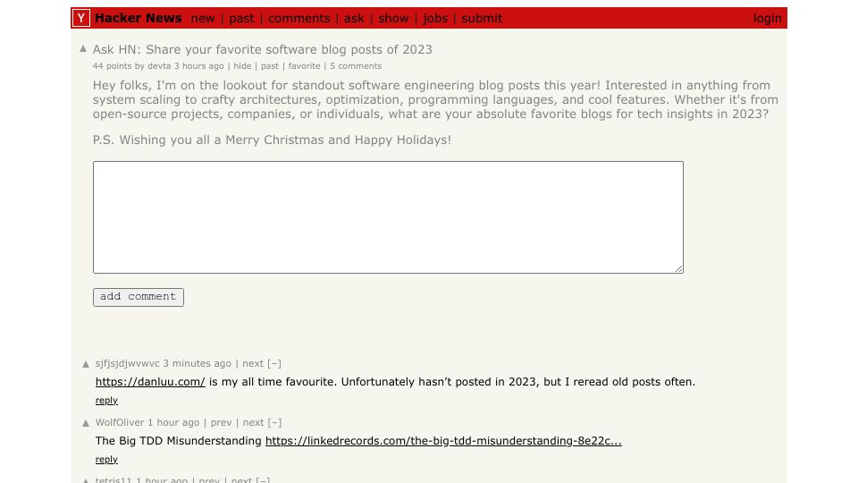 Screenshot of Hacker News post: Ask HN: Share your favorite software blog posts of 2023