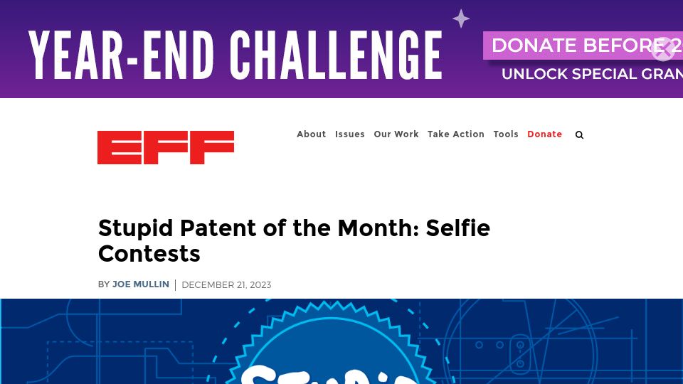 Screenshot of eff.org: Stupid Patent of the Month: Selfie Contests